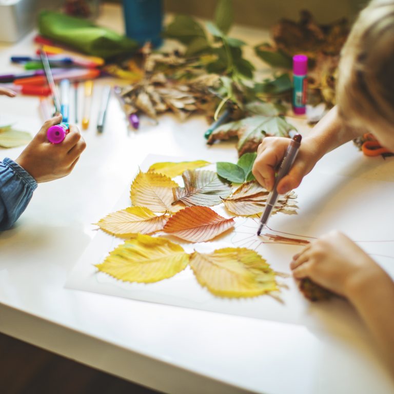 boy doing art with leaves